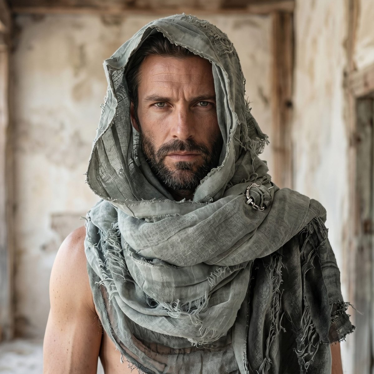 Apocalyptic Hooded Scarf Cape, Distressed Desert Style Shawl