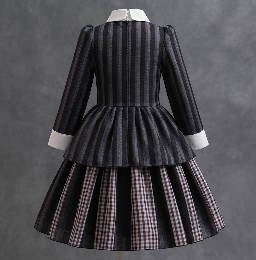 Girls' Gothic Striped Halloween Costume Dress with Wig & Socks