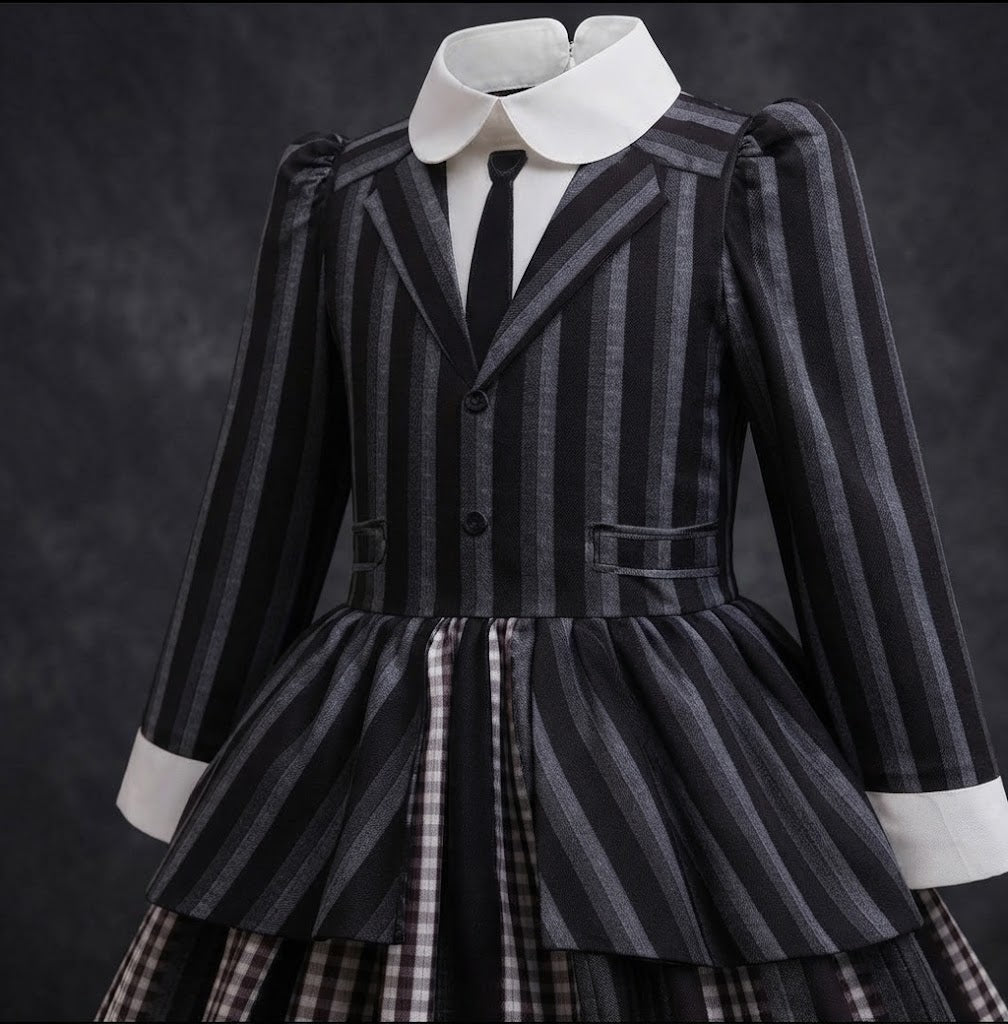 Girls' Gothic Striped Halloween Costume Dress with Wig & Socks