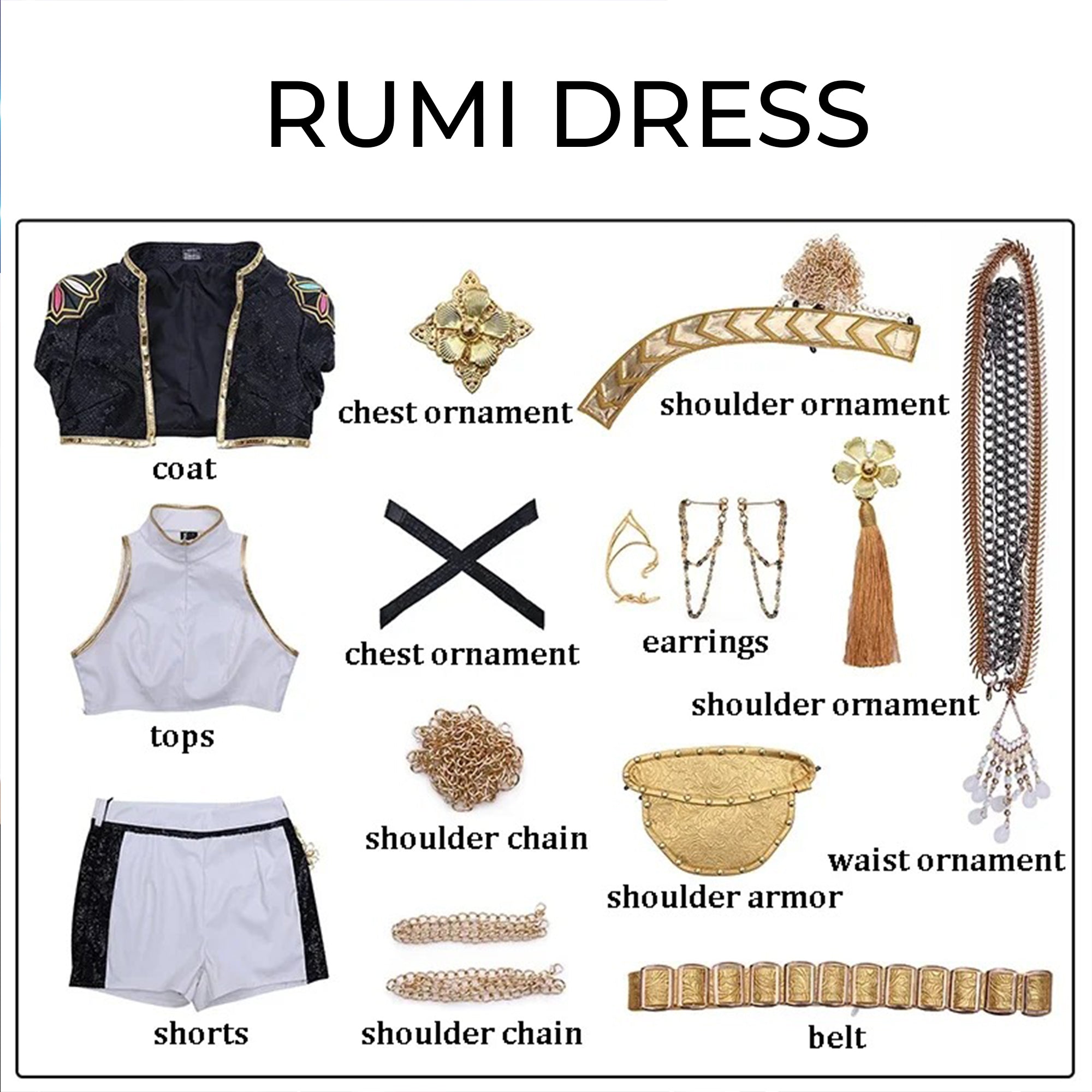 K-Pop Black &amp; Gold Rumi Zoey Mira Cosplay Costume for Women – Halloween, Parties &amp; Role Play