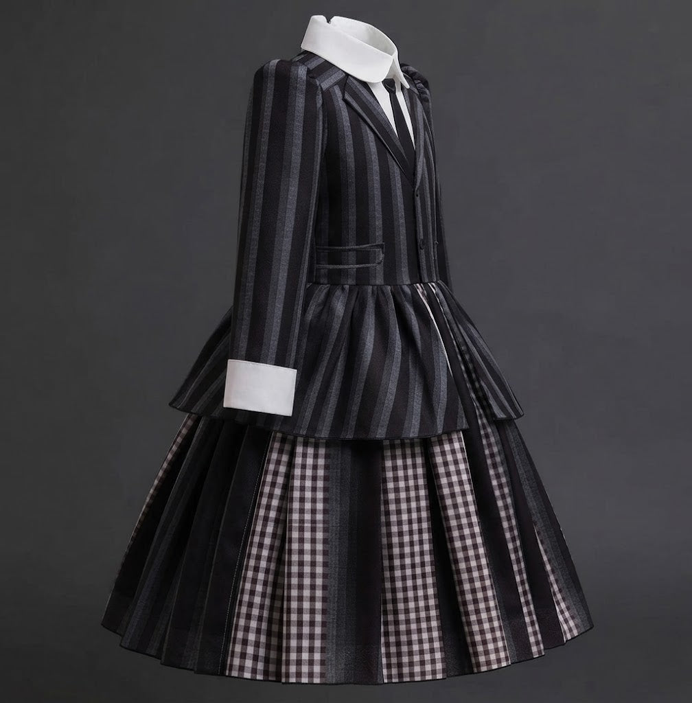 Girls' Gothic Striped Halloween Costume Dress with Wig & Socks