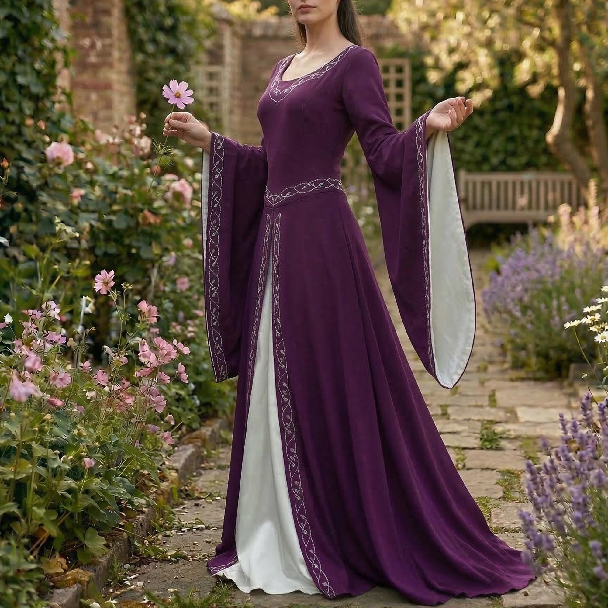 Forest Witch Medieval Dress, Vintage Embroidered Elf Costume, Adult Fantasy Party Dress, Role-Playing Outfit, Larp Costume