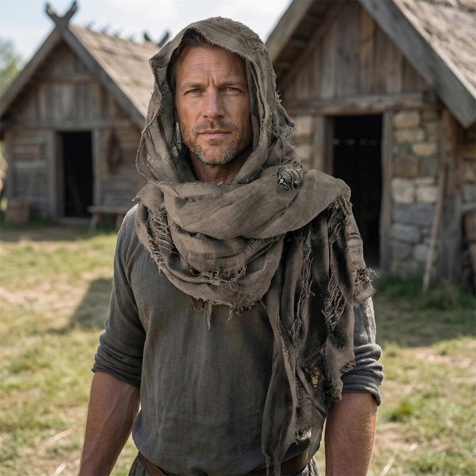 Apocalyptic Hooded Scarf Cape, Distressed Desert Style Shawl, Ragged Hooded Wrap, Avant-Garde Streetwear, Gothic Festival Scarf