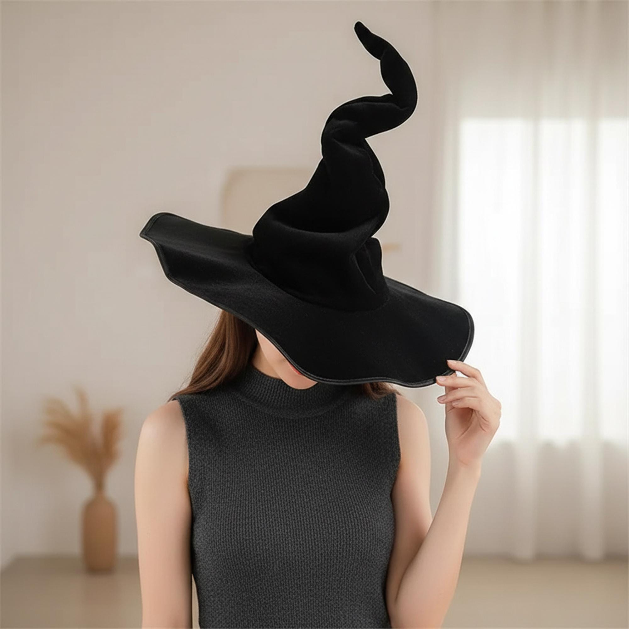Velvet Twisted Gothic Witch Hat, Halloween Cosplay Costume Accessory