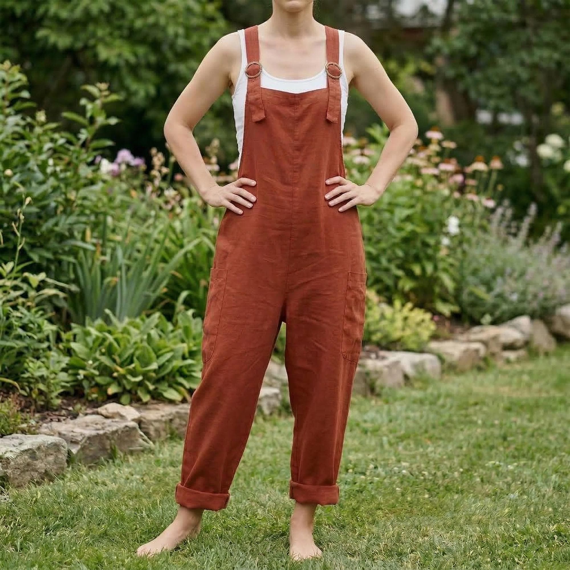 Women Linen Jumpsuit, Boho Relaxed Fit Overalls, Adjustable Strap Romper, Wide Leg Casual Outfit, Minimalist Clothing