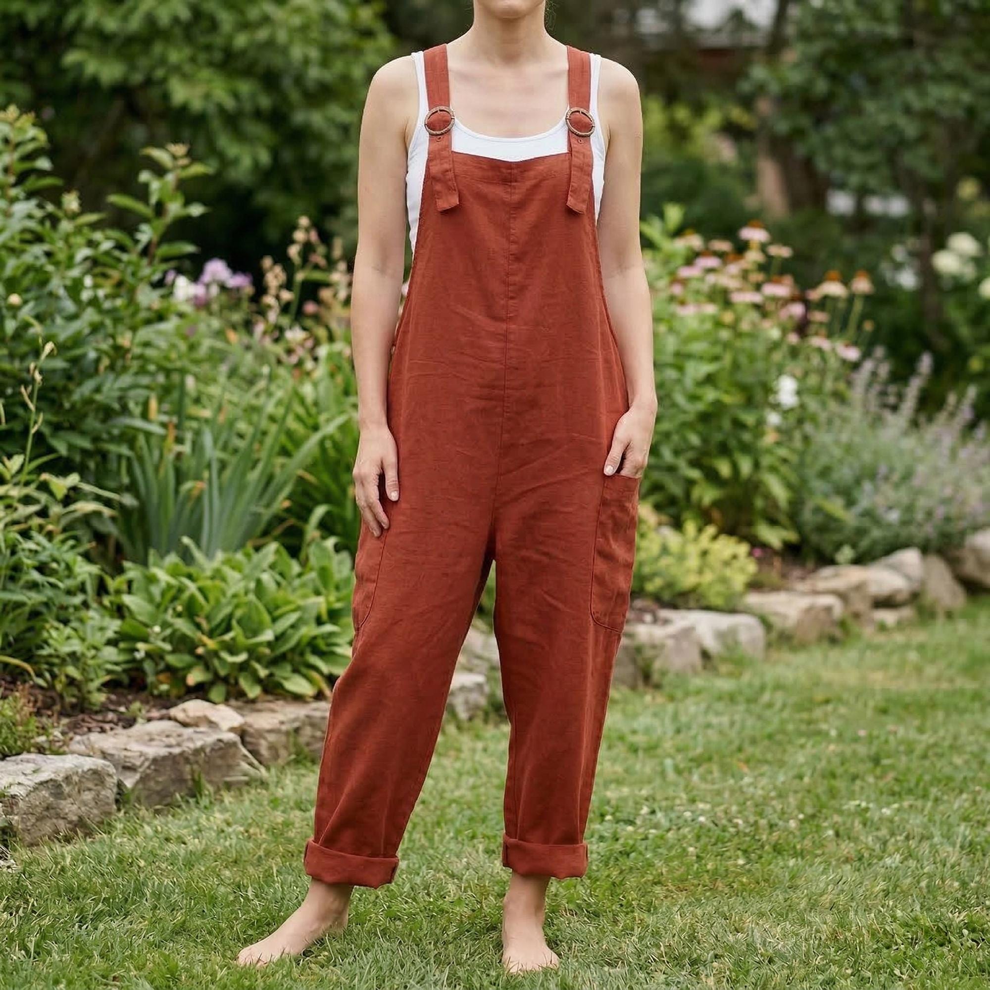 Women Linen Jumpsuit, Boho Relaxed Fit Overalls, Adjustable Strap Romper, Wide Leg Casual Outfit, Minimalist Clothing