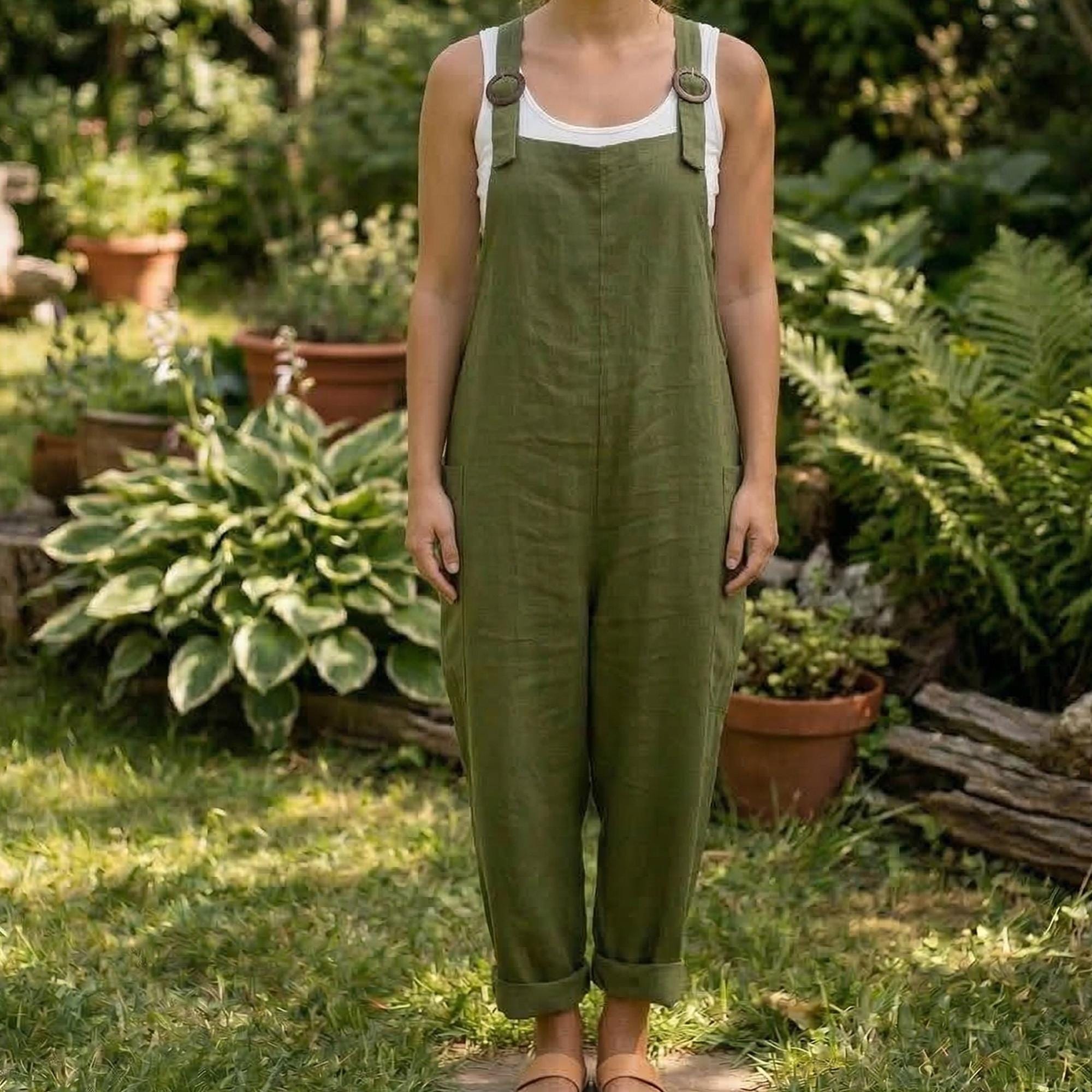 Women Linen Jumpsuit, Boho Relaxed Fit Overalls, Adjustable Strap Romper, Wide Leg Casual Outfit, Minimalist Clothing