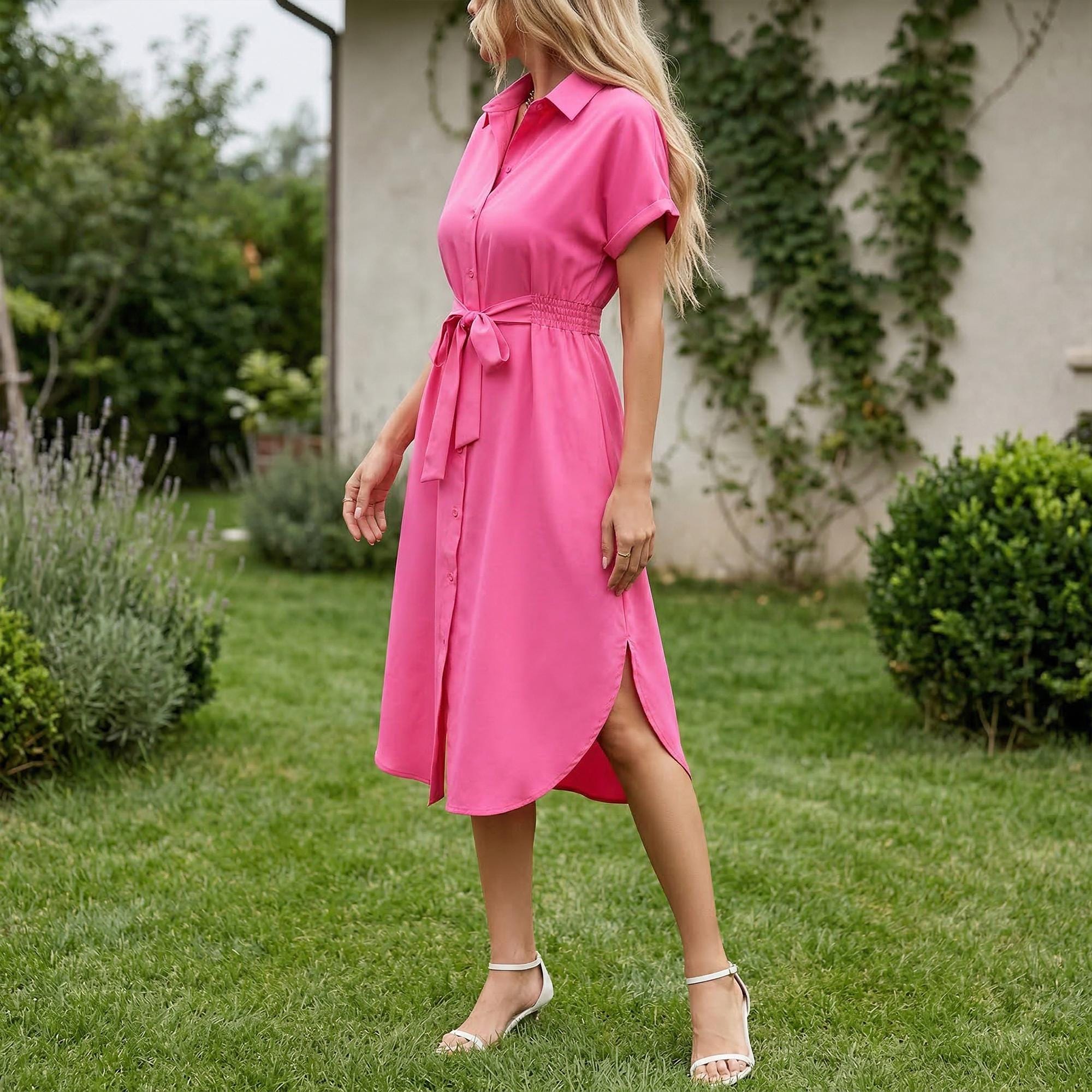 White Linen Midi Shirt Dress, Collared Button-Down with Belt, Pockets