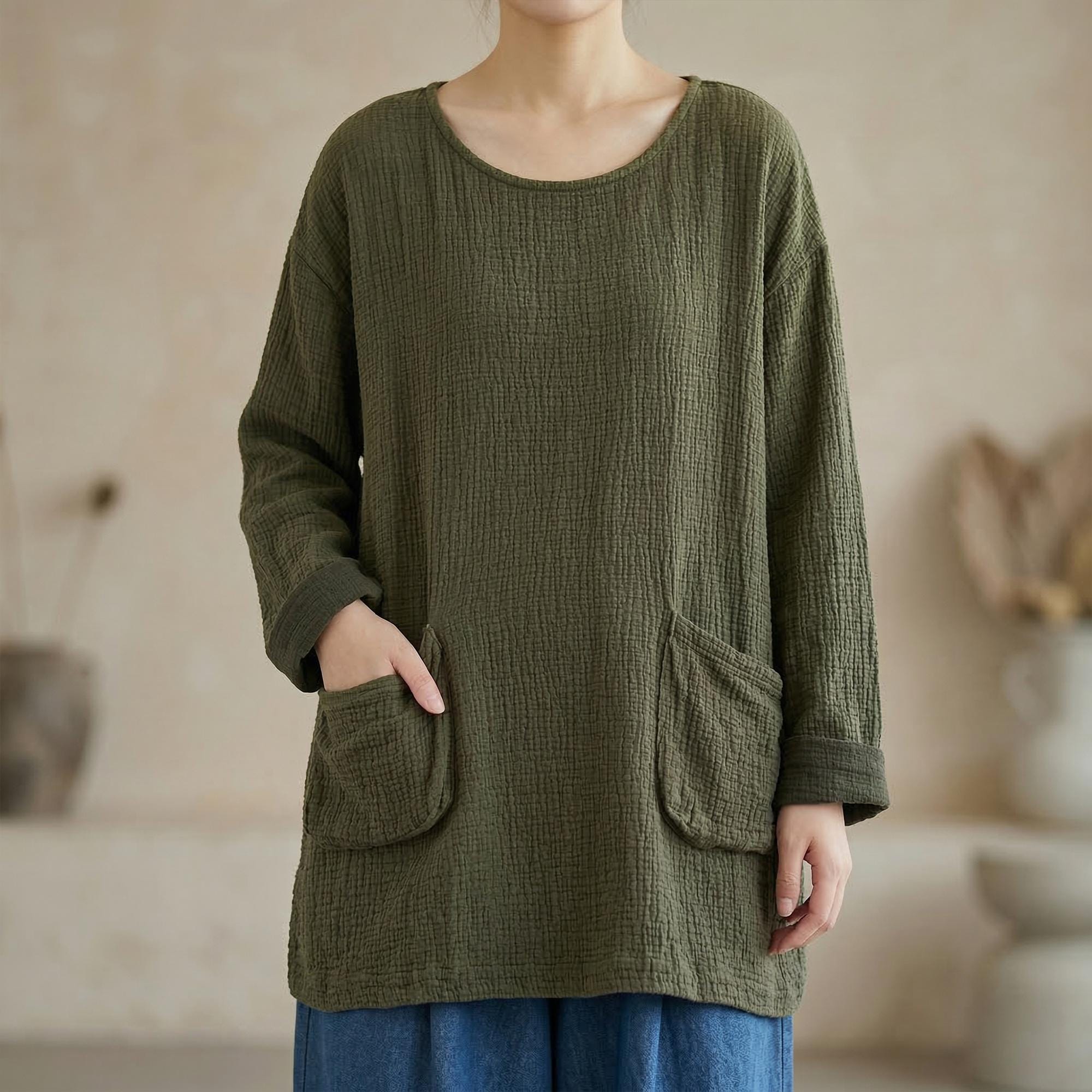 Women's Boho Cotton Knit Sweater - Lightweight Spring Pullover with Pockets