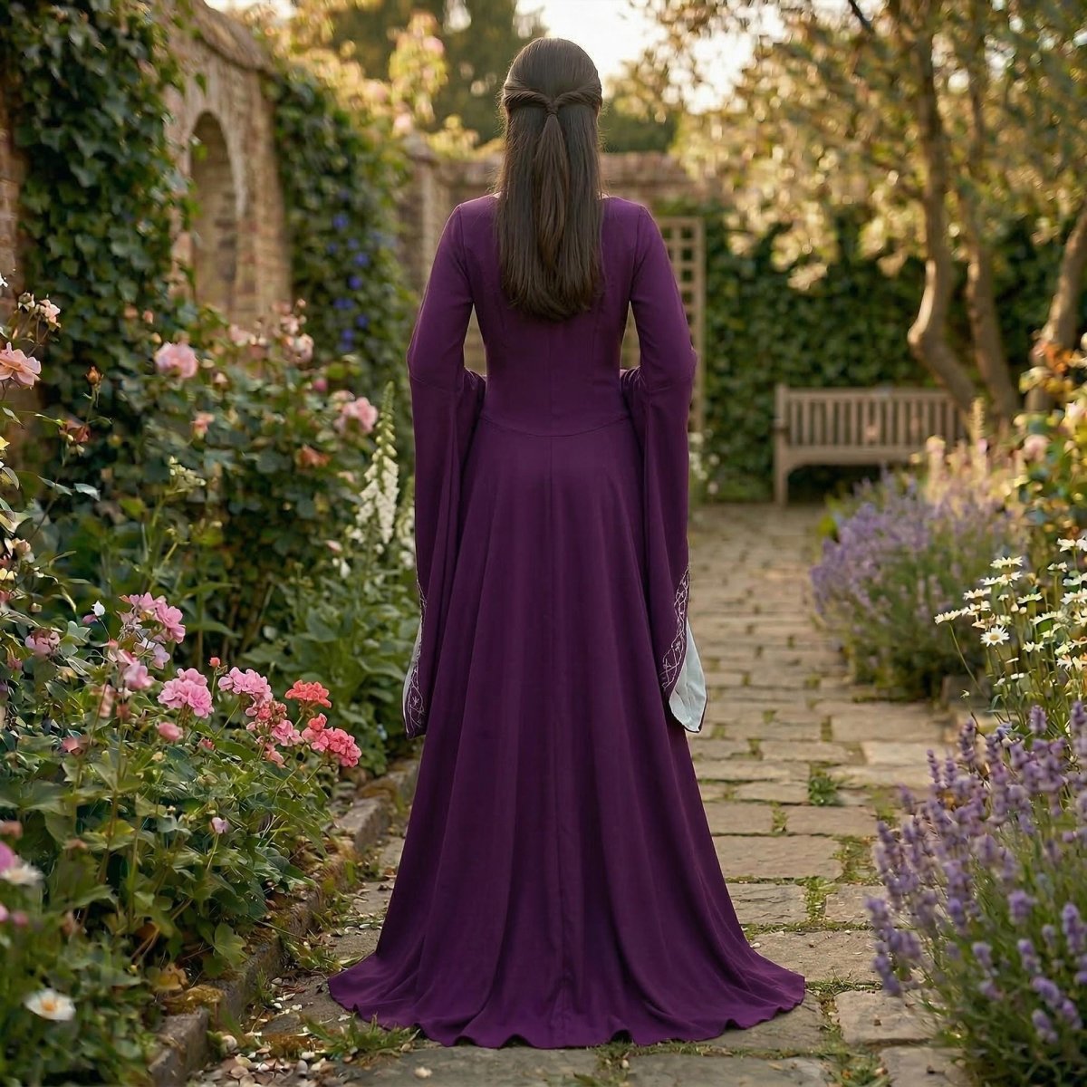 purple elf dress Fantasy elven dress with puffed sleeves Water Flowers