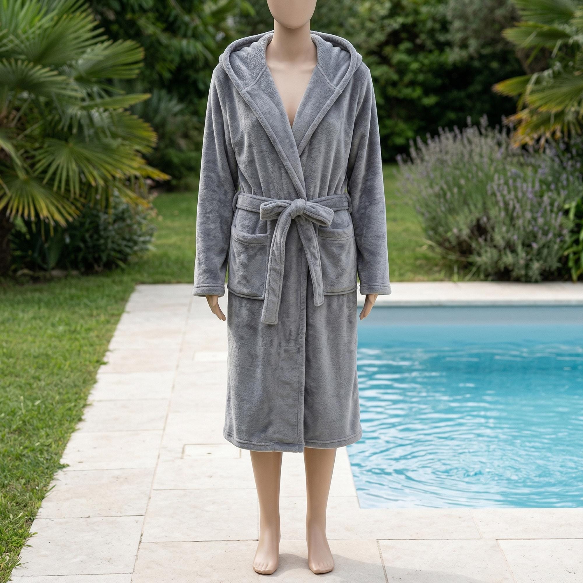 Mens Velour Hooded Robe, Soft Polyester Lounge Robe, Elegant Homewear, Cozy Bathrobe for Men, Comfortable House Robe, Gift for Him