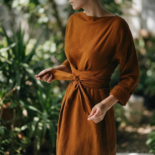 Linen Maxi Dress Women, Oversized Flowy Dress, Long Sleeve Waist – Tunic Costumes