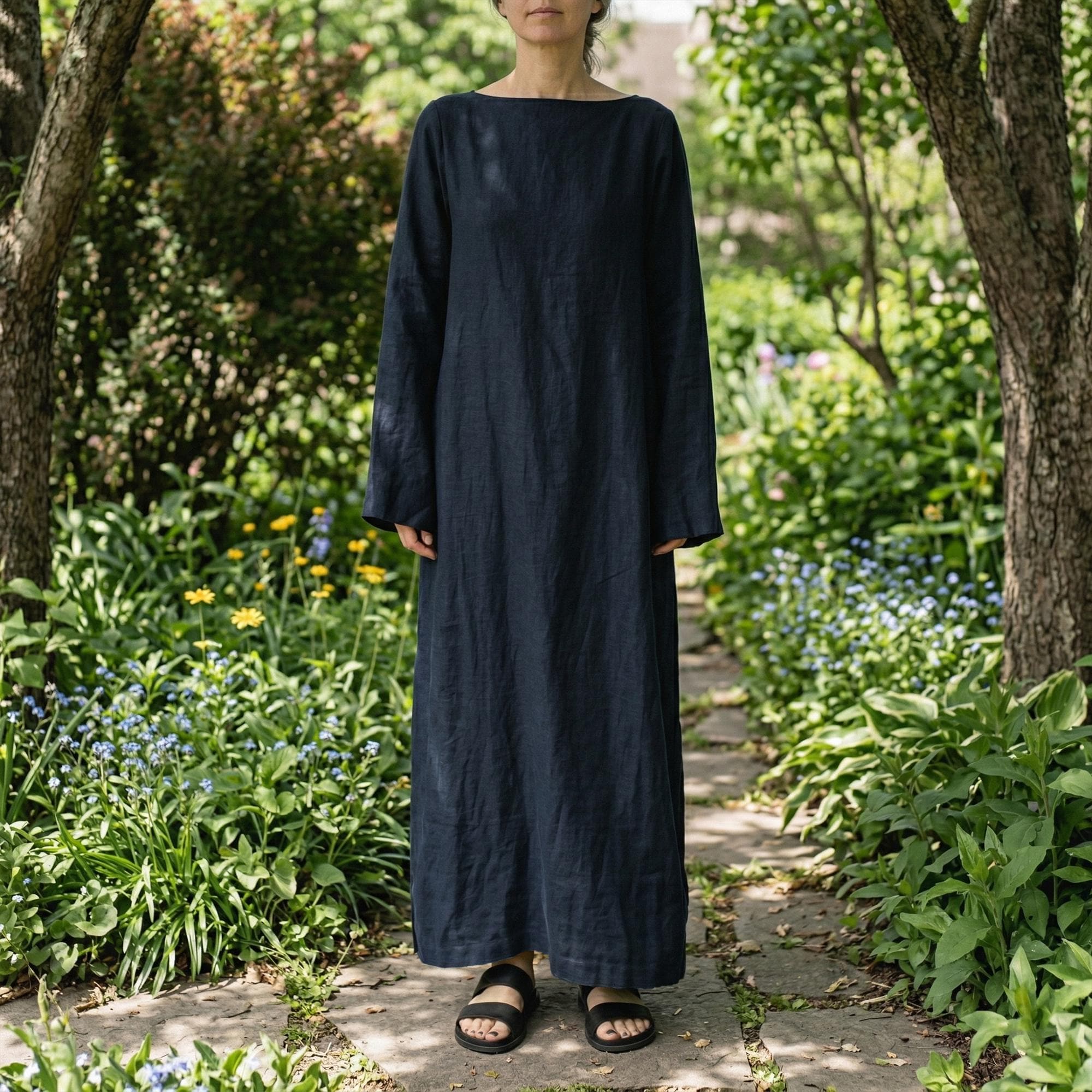 Linen Maxi Dress Women, Oversized Flowy Dress, Long Sleeve Waist Cinching Dress, Soft Washed Linen Outfit, Casual Spring Wear