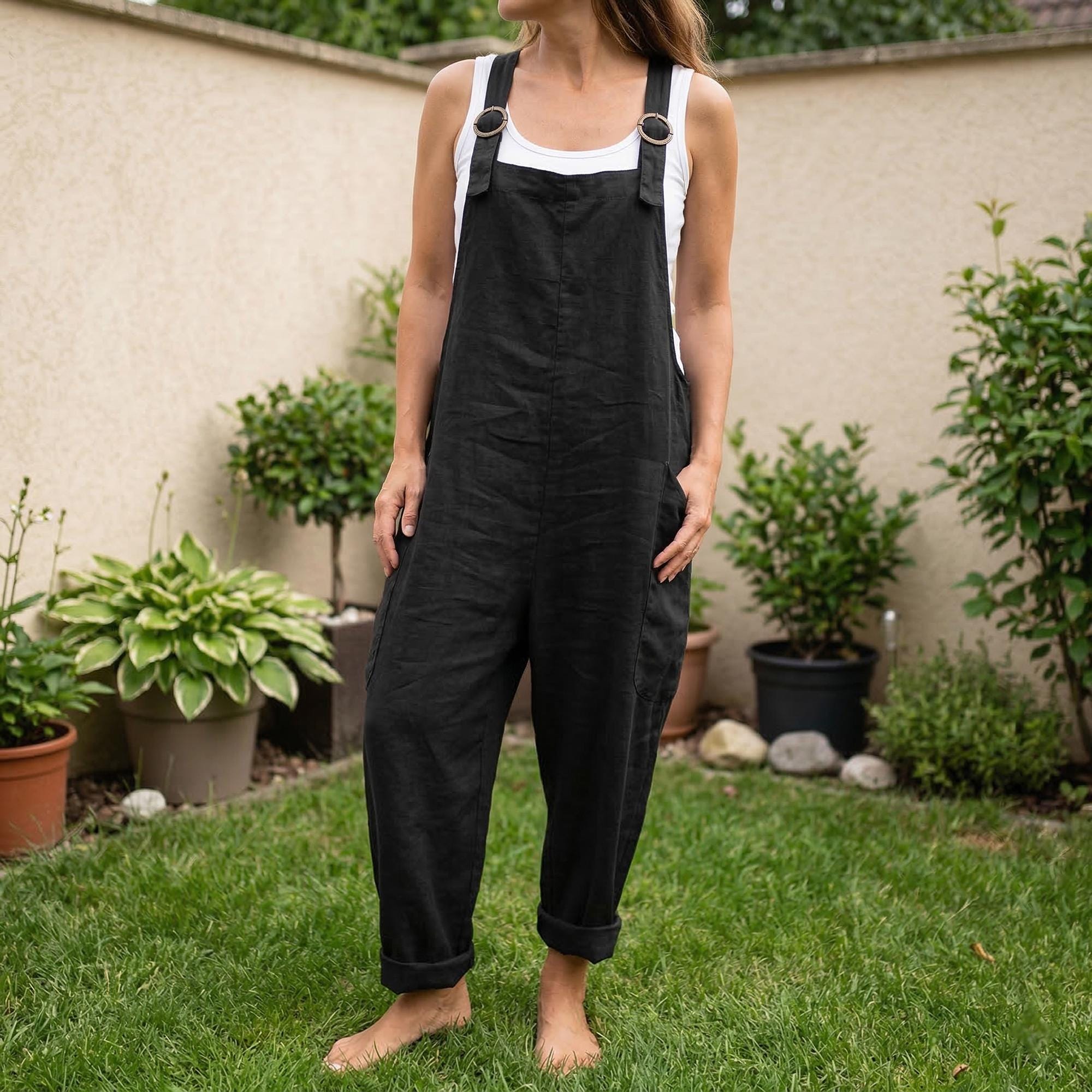 Women Linen Jumpsuit, Boho Relaxed Fit Overalls, Adjustable Strap Romper, Wide Leg Casual Outfit, Minimalist Clothing