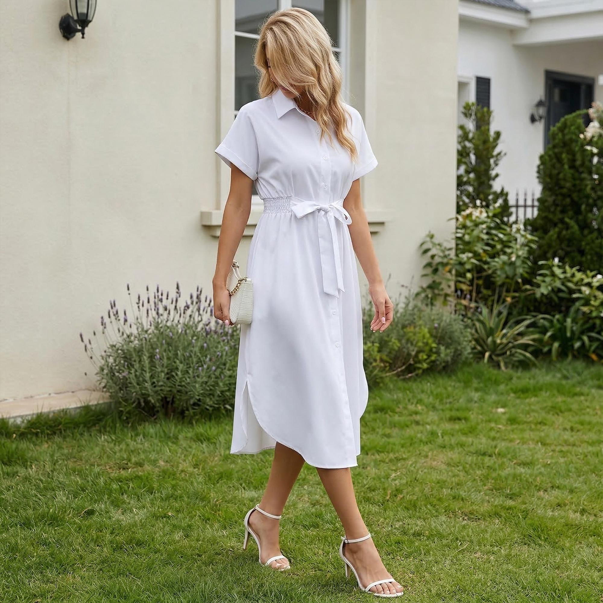 White Linen Midi Shirt Dress, Collared Button-Down with Belt, Pockets