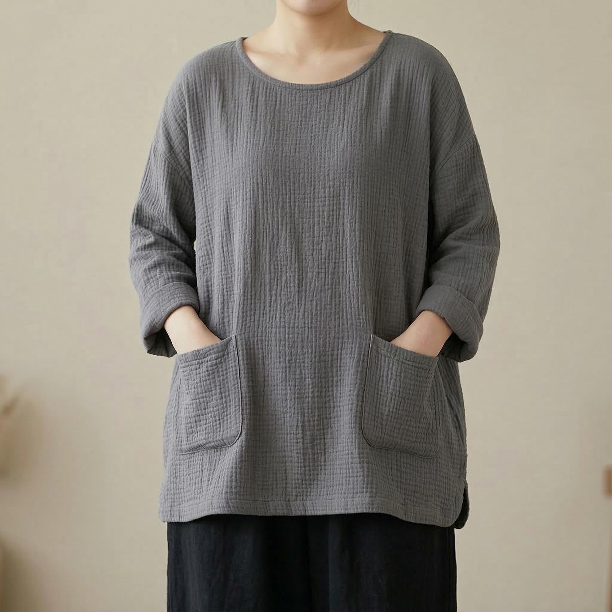 Women's Boho Cotton Knit Sweater - Lightweight Spring Pullover with Pockets