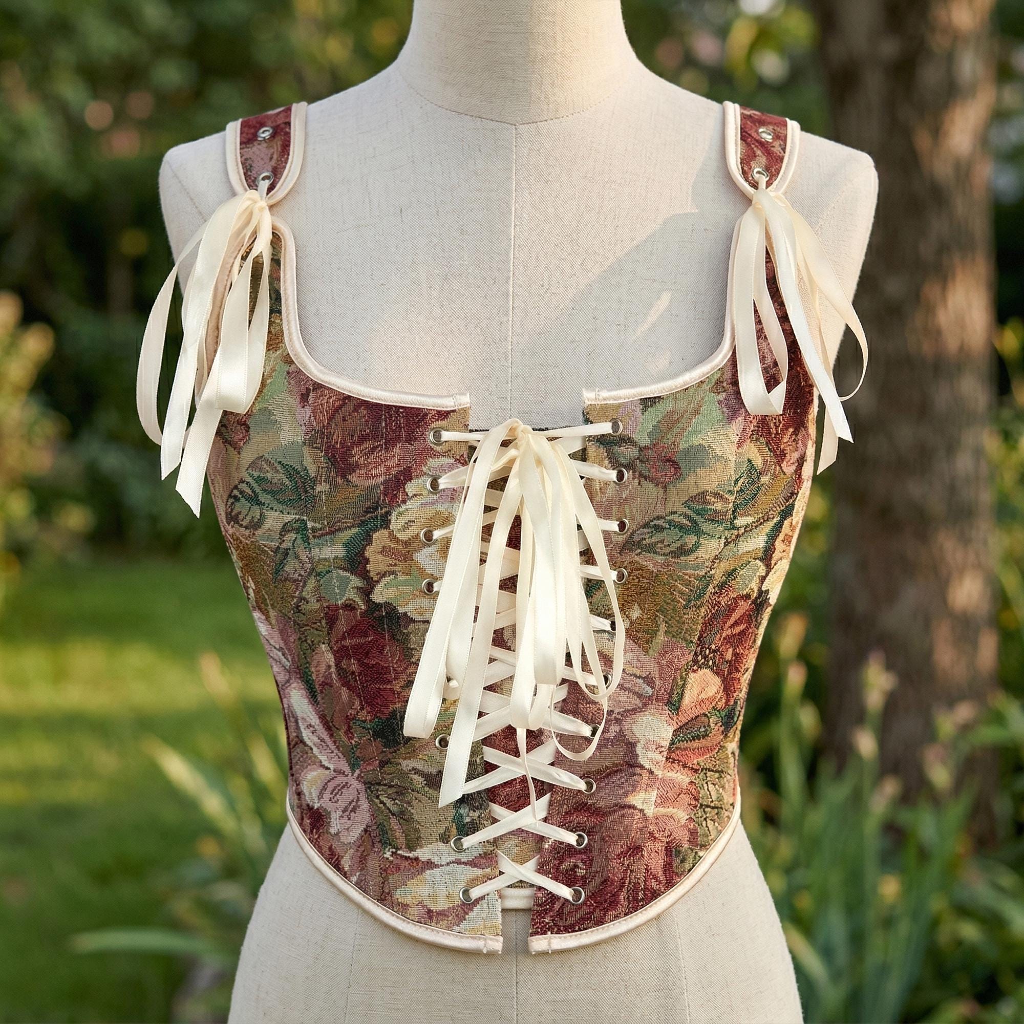 Green Floral Renaissance Corset Top, Lace Up Bustier, Cottagecore Bodice, Festival Outfit