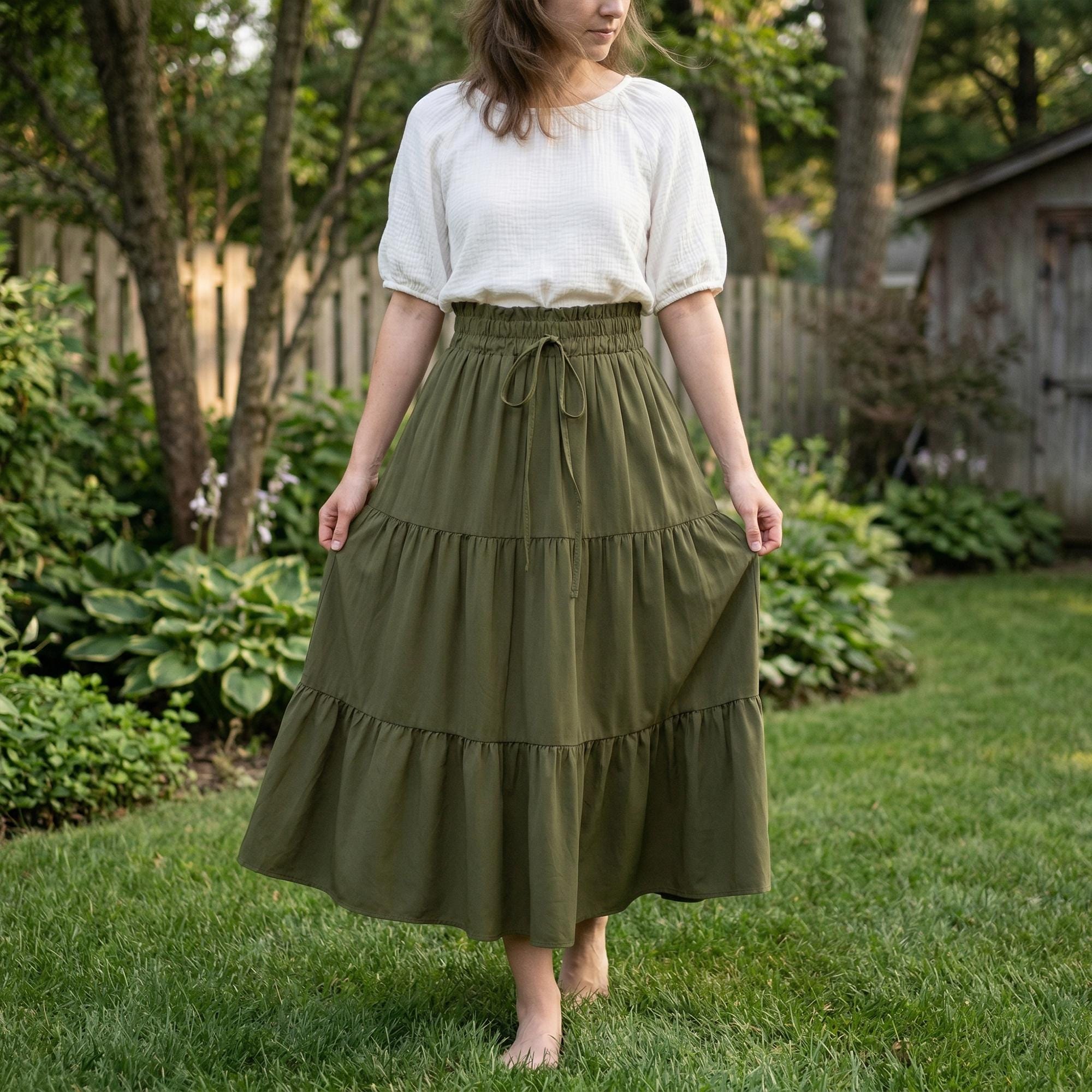 Boho A-Line Maxi Skirt, Flowing Tiered Summer Outfit