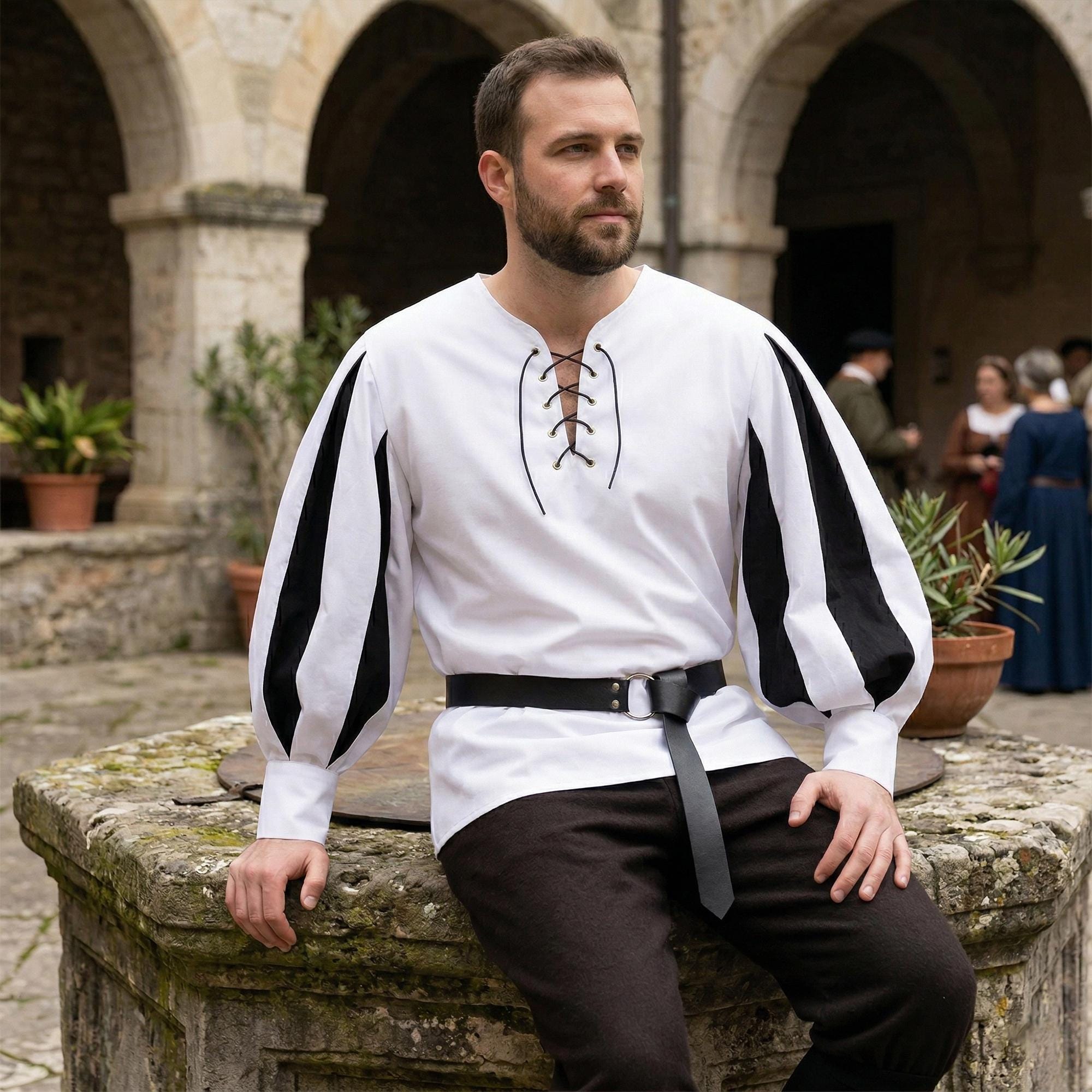 Renaissance Lace Up Tunic, Medieval Color Block Shirt, LARP Costume Top for Men, Ren Faire Stage Outfit, Theatrical Costume