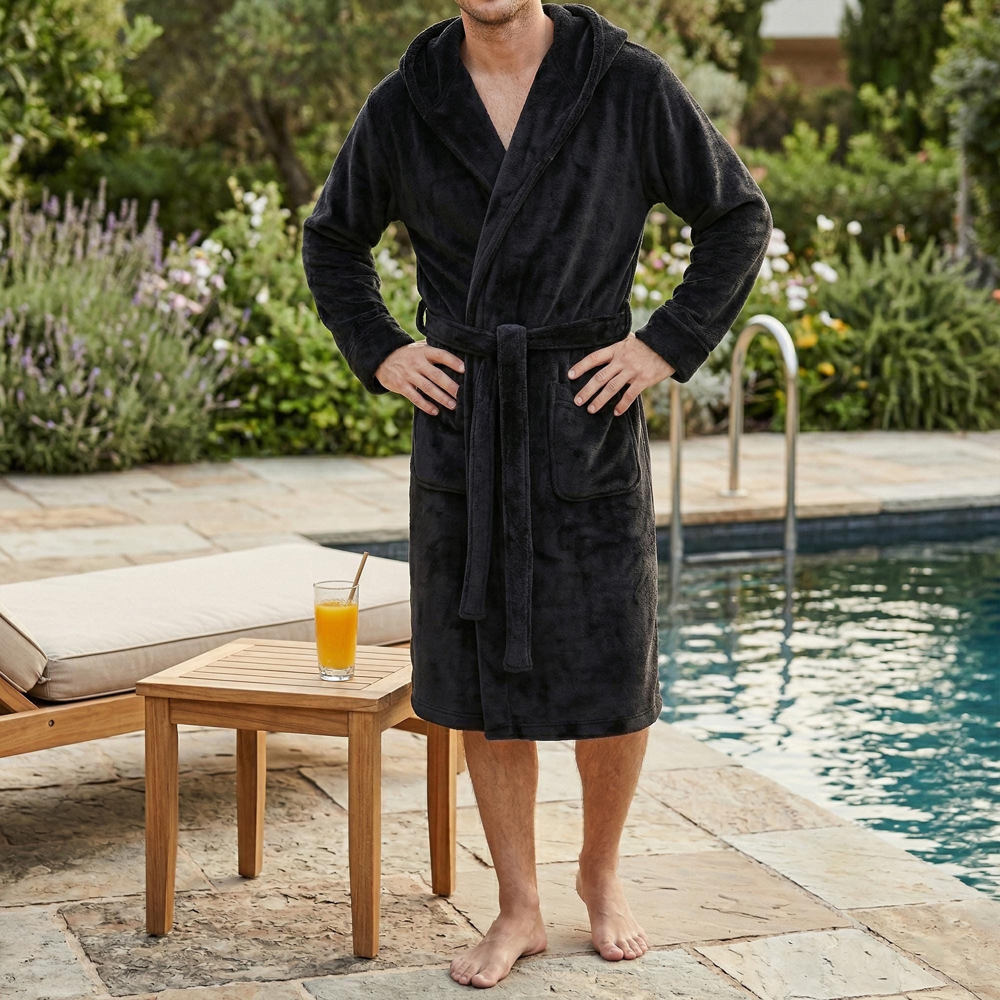 Mens Velour Hooded Robe, Soft Polyester Lounge Robe, Elegant Homewear, Cozy Bathrobe for Men, Comfortable House Robe, Gift for Him