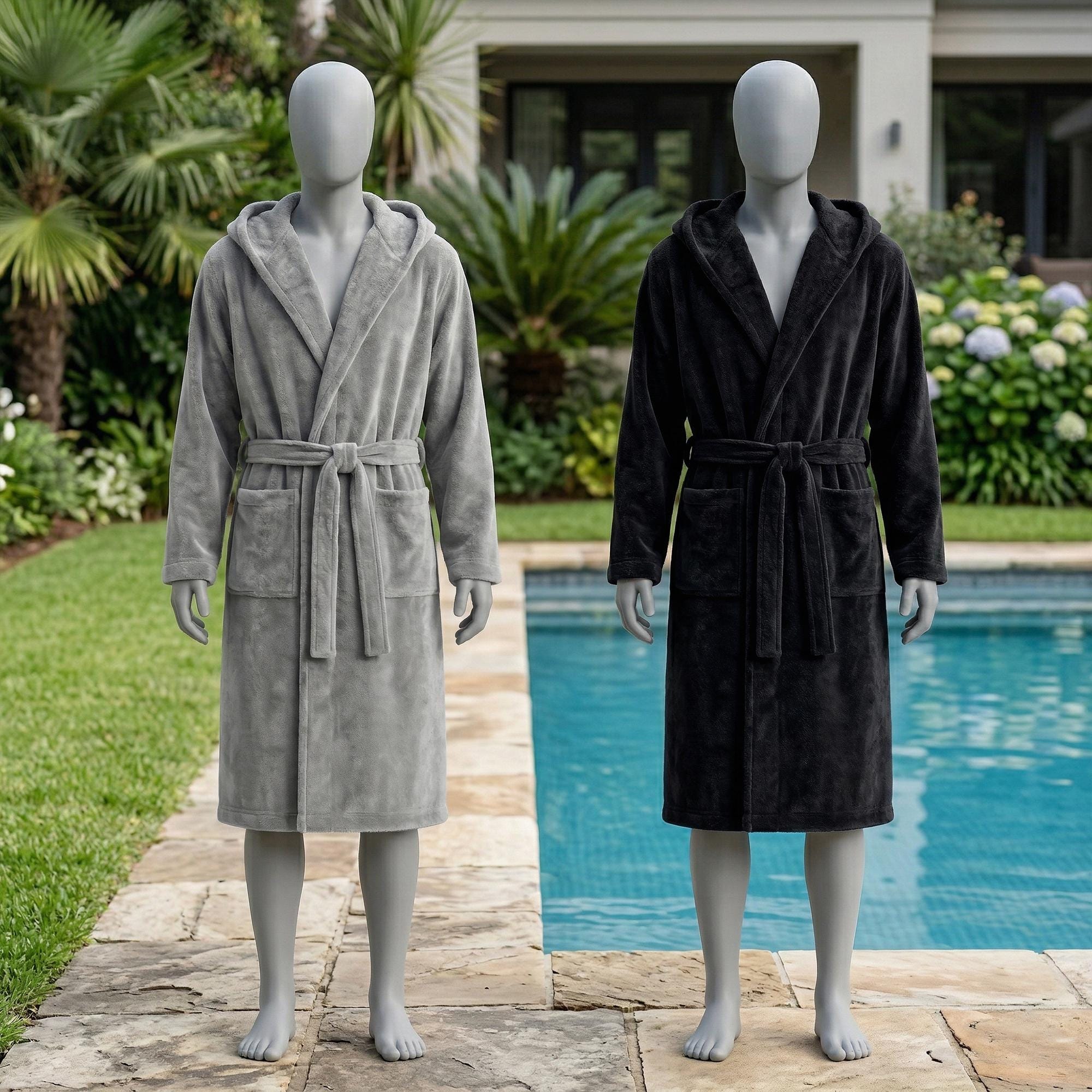 Mens Velour Hooded Robe, Soft Polyester Lounge Robe, Elegant Homewear, Cozy Bathrobe for Men, Comfortable House Robe, Gift for Him