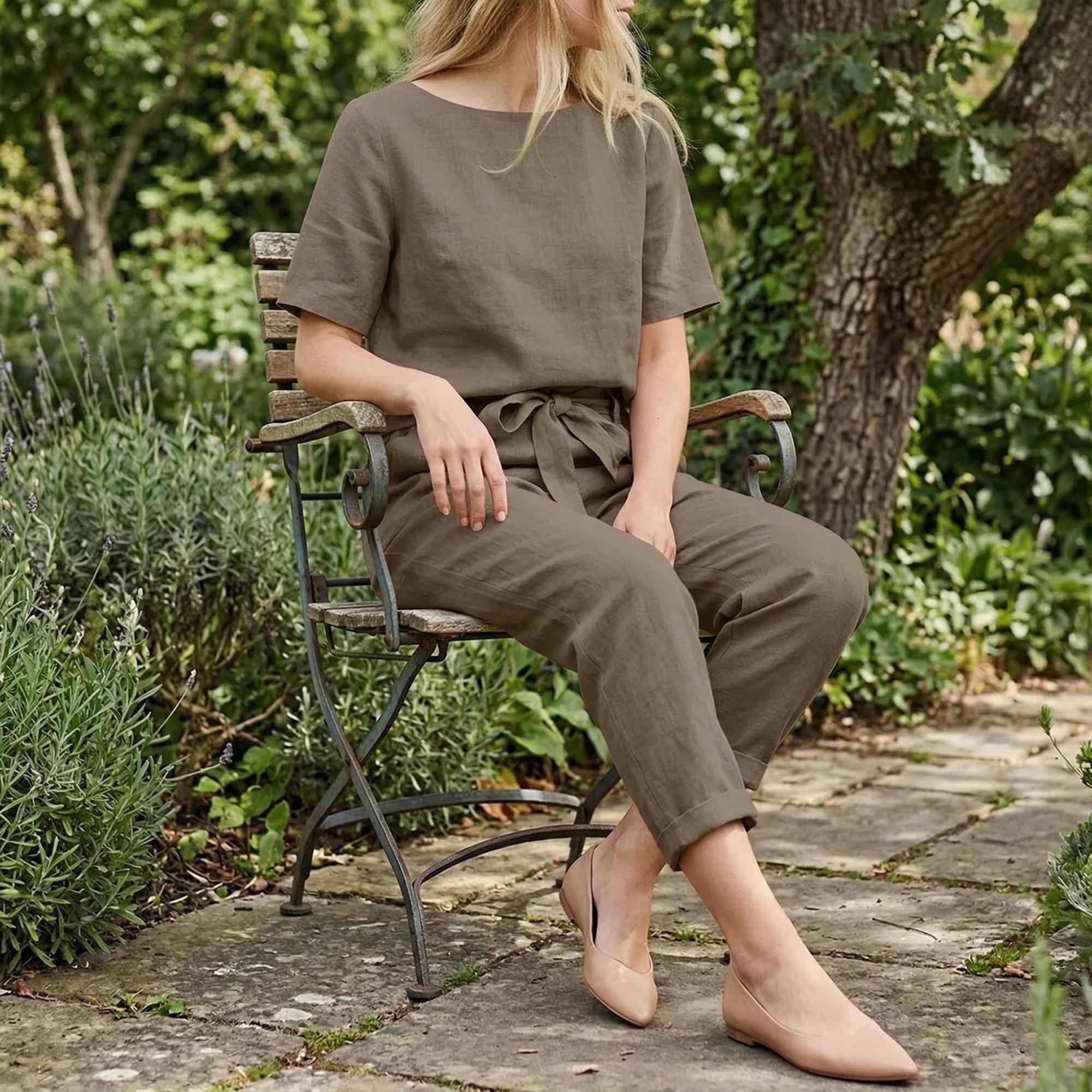 Linen Two Piece Set Women, Wide Leg Pants and Cami Top, Tie Strap Boho Outfit, Summer Casual Linen Clothing Set