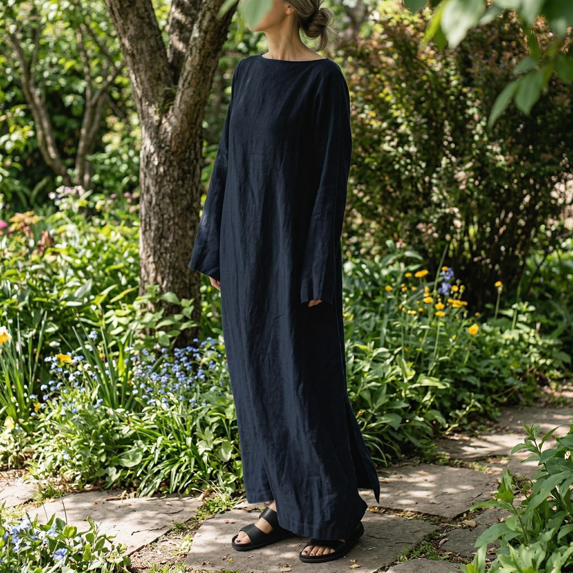 Linen Maxi Dress Women, Oversized Flowy Dress, Long Sleeve Waist Cinching Dress, Soft Washed Linen Outfit, Casual Spring Wear