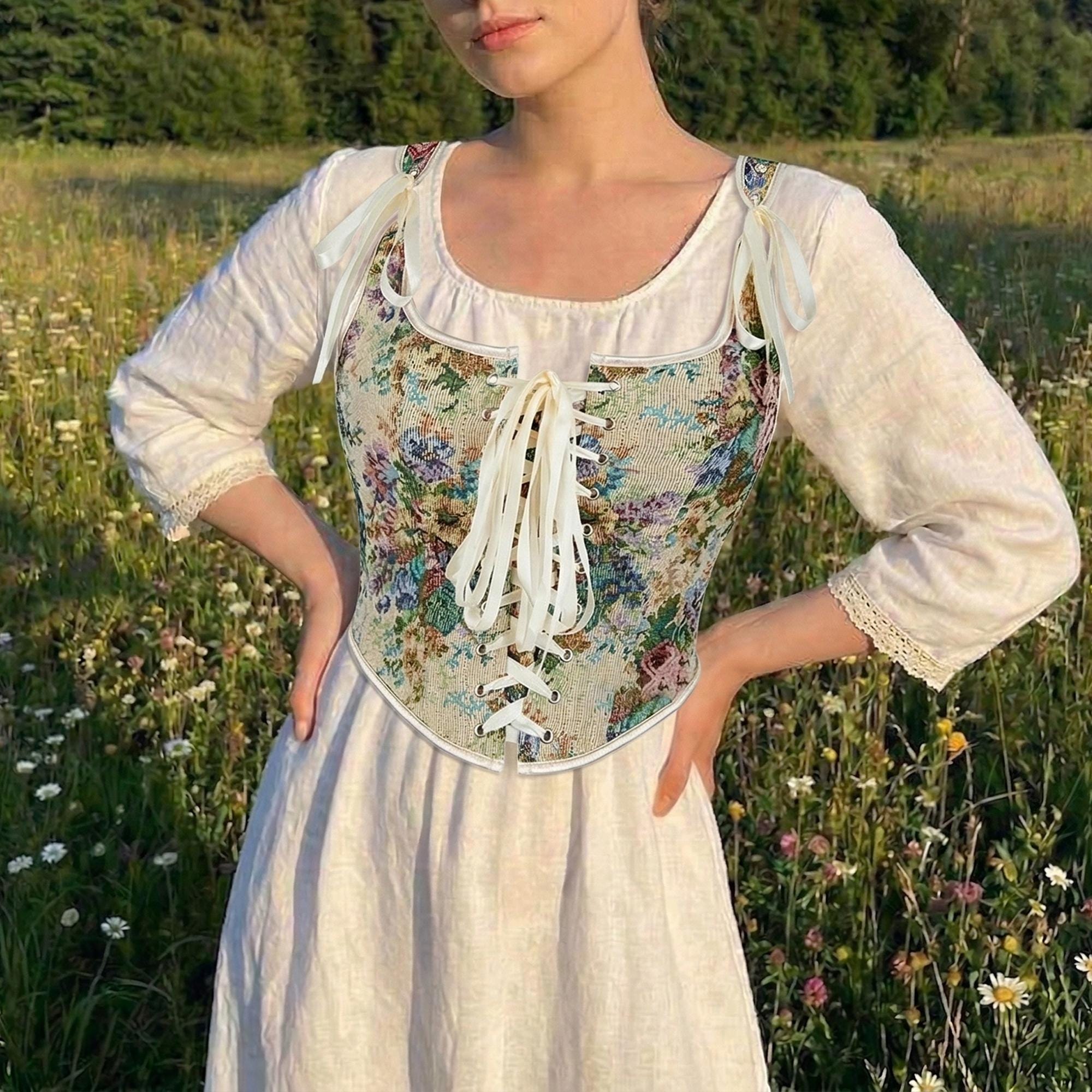 Green Floral Renaissance Corset Top, Lace Up Bustier, Cottagecore Bodice, Festival Outfit