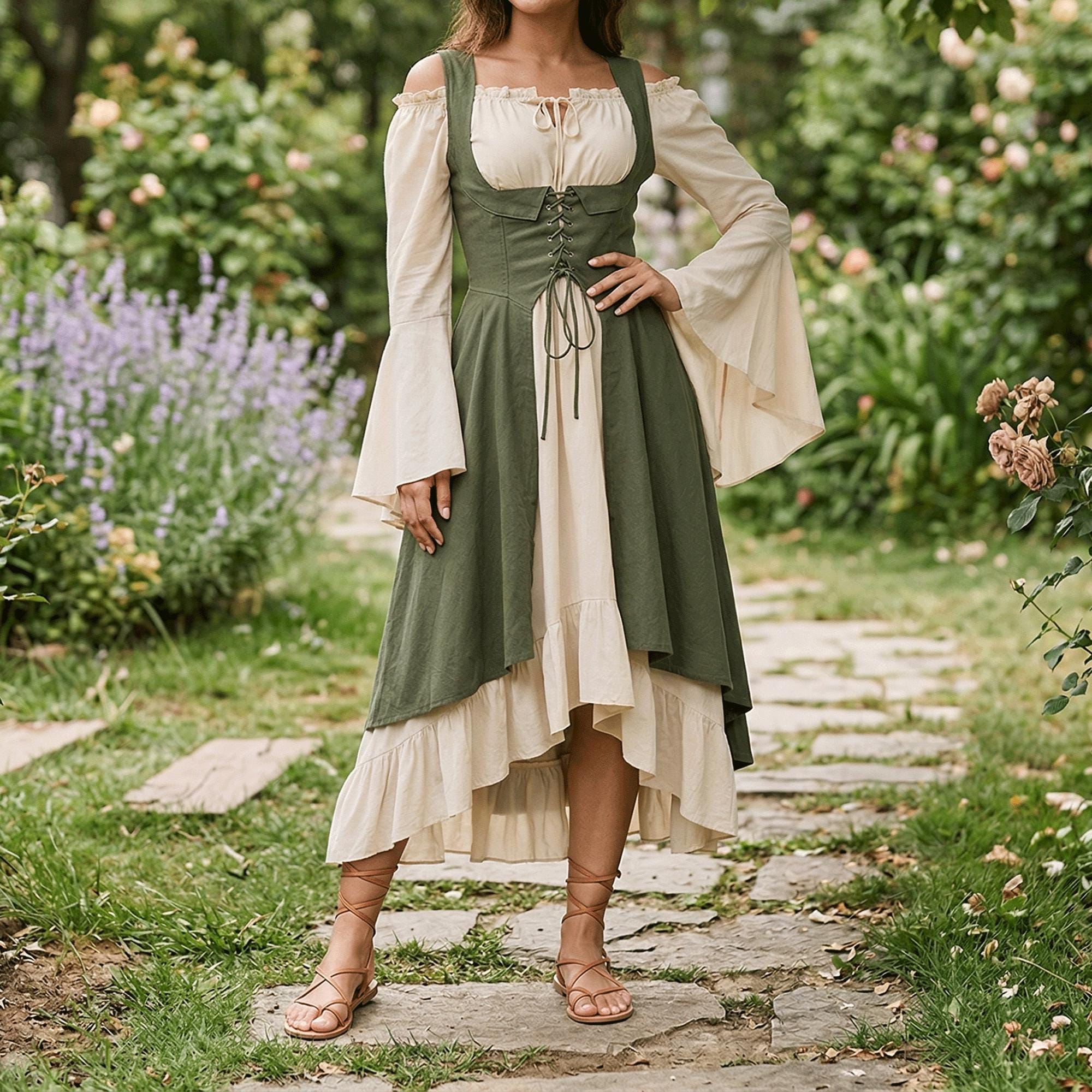 Medieval Corset Dress, Peasant Style Renaissance Gown, Larp Costume Women, Cottagecore Fantasy Outfit, Viking Dress