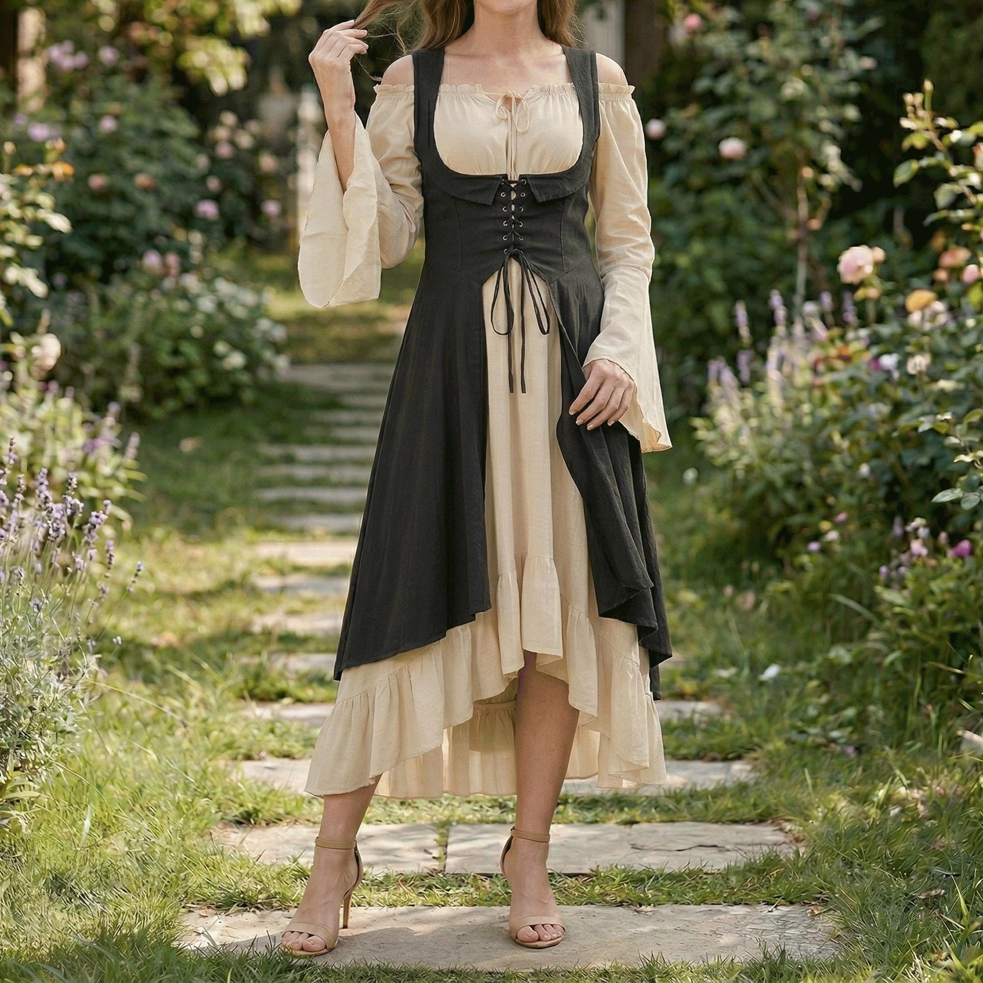 Medieval Corset Dress, Peasant Style Renaissance Gown, Larp Costume Women, Cottagecore Fantasy Outfit, Viking Dress