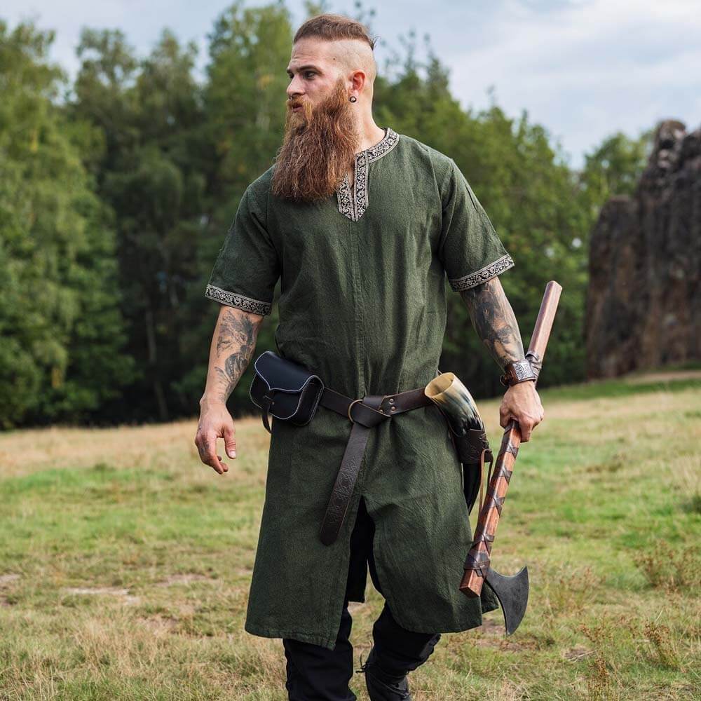 Green Viking Tunic with Short Sleeves, Embroidered Border