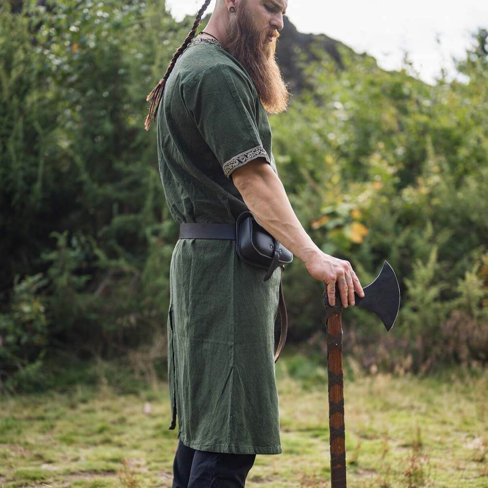 Green Viking Tunic with Short Sleeves, Embroidered Border
