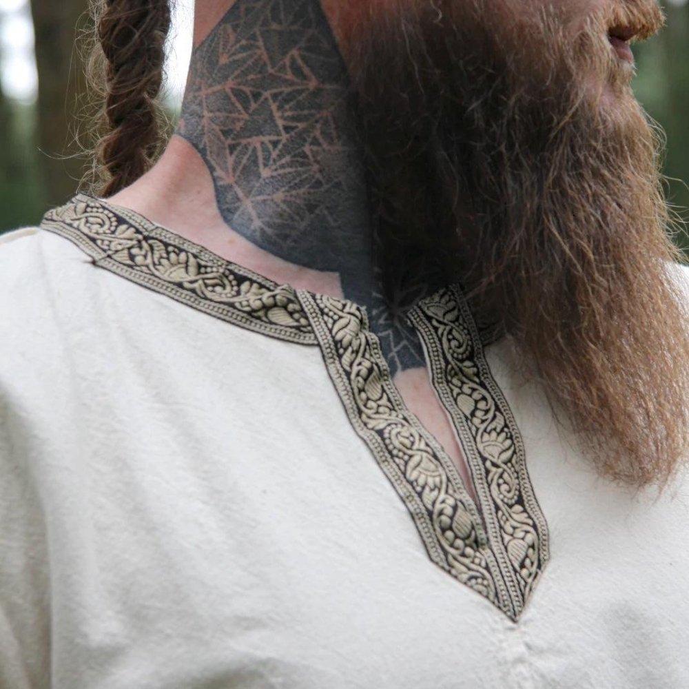 Natural Viking Tunic with Short Sleeves, Embroidered Border